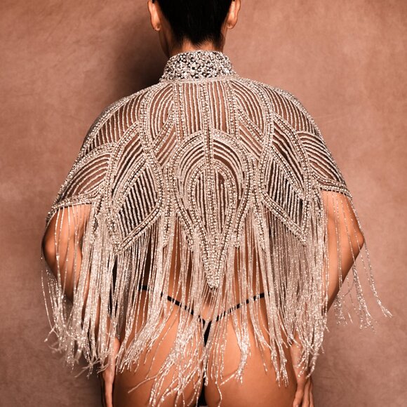 Crystal Silver Fringe Rhinestone Cape, Luxury Sequin, Festival Rave Shawl - Picture 5 of 7